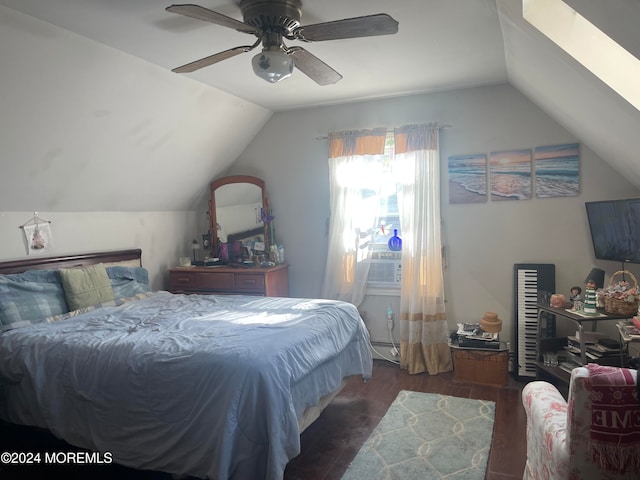 bedroom with cooling unit, vaulted ceiling, ceiling fan, and dark wood-type flooring