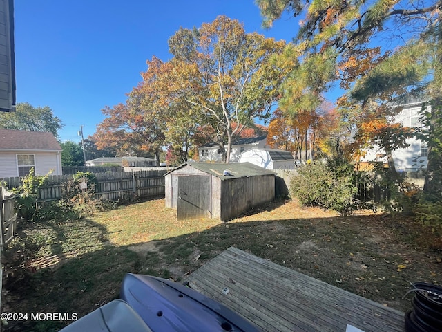 view of yard featuring a storage shed