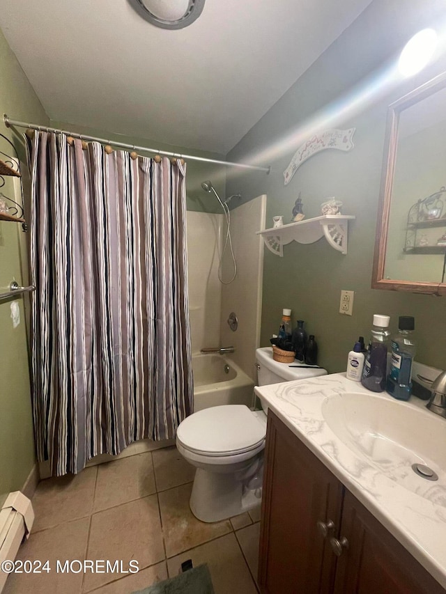 full bathroom with vanity, a baseboard heating unit, tile patterned flooring, toilet, and shower / bathtub combination with curtain