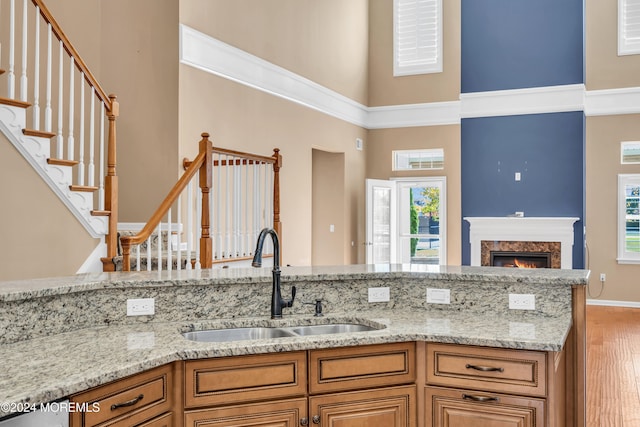 kitchen with a premium fireplace, a healthy amount of sunlight, sink, and hardwood / wood-style flooring