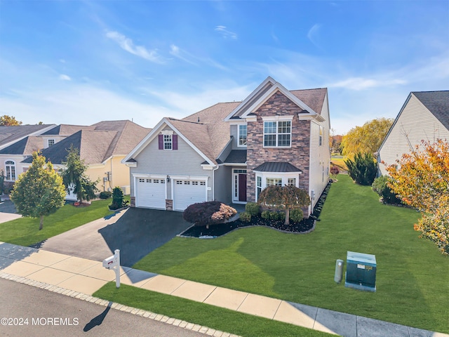 view of front of house with a front lawn and a garage