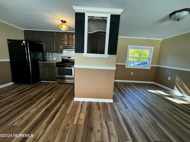 kitchen with backsplash, black fridge, dark hardwood / wood-style floors, stainless steel range, and crown molding