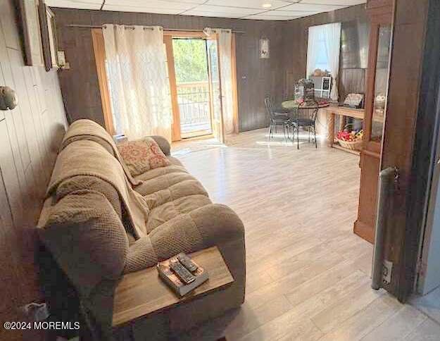 living room featuring wood walls and light hardwood / wood-style flooring