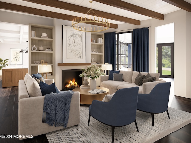 living room featuring hardwood / wood-style flooring, beamed ceiling, and a chandelier