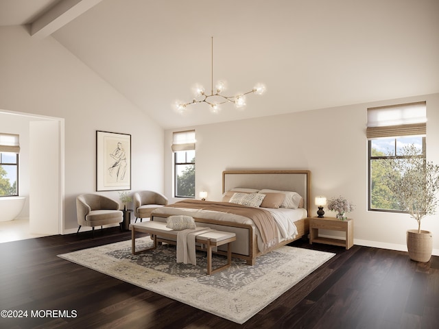 459 Sycamore Ave, Shrewsbury Boro, NJ 07702 - bedroom with a chandelier, high vaulted ceiling, multiple windows, beamed ceiling, and dark wood-type flooring