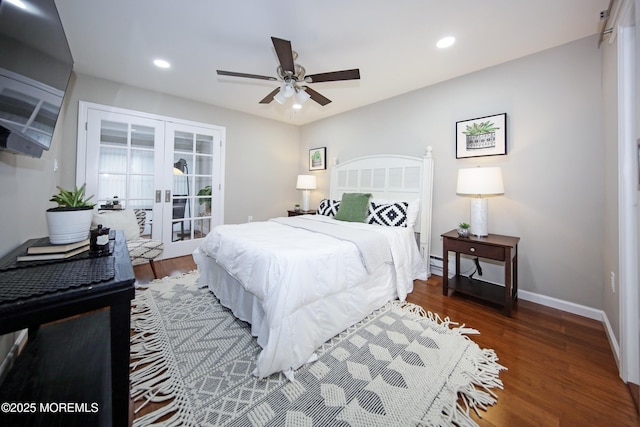 bedroom featuring ceiling fan, access to exterior, dark hardwood / wood-style flooring, and french doors