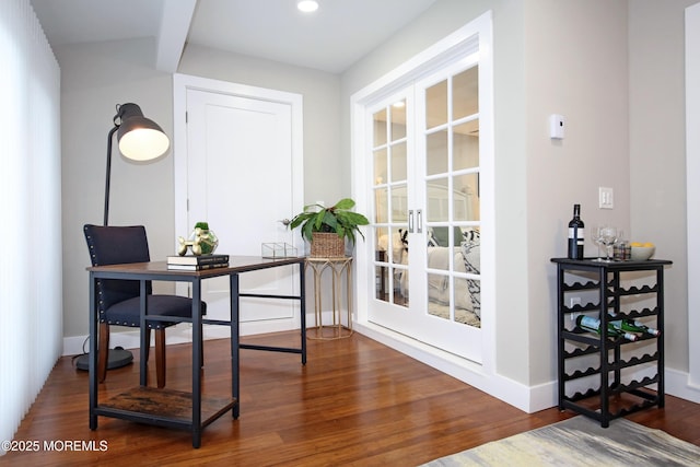 office featuring dark hardwood / wood-style flooring and french doors