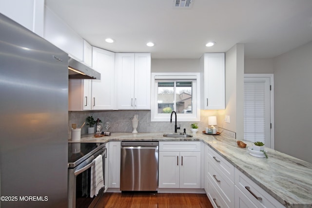 kitchen featuring sink, white cabinetry, dark hardwood / wood-style flooring, stainless steel appliances, and light stone countertops