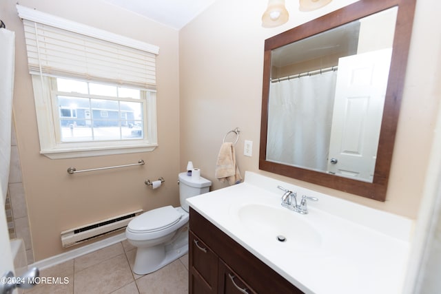 bathroom featuring curtained shower, toilet, tile patterned floors, a baseboard heating unit, and vanity