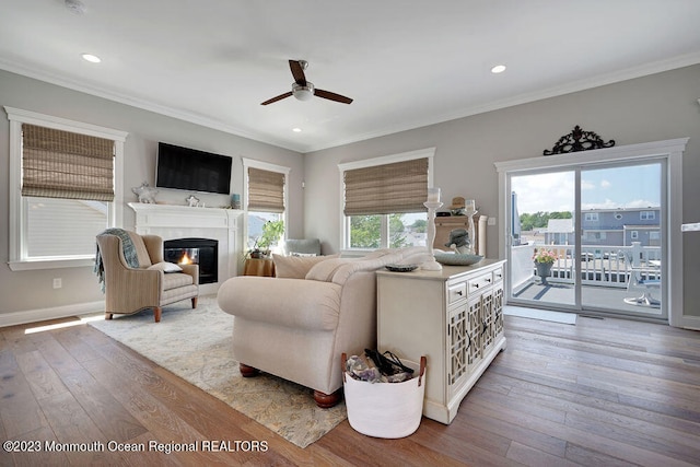 living room with ceiling fan, ornamental molding, and light hardwood / wood-style floors