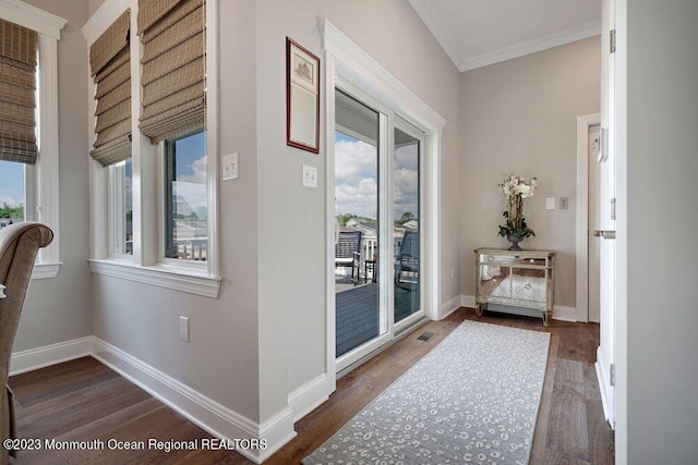 hallway featuring dark wood-type flooring, plenty of natural light, and ornamental molding