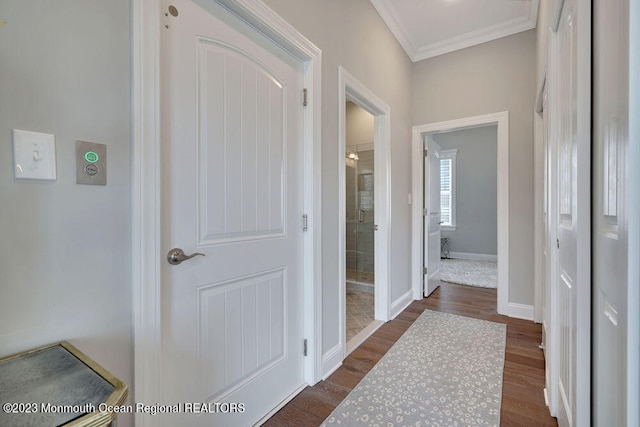 corridor with ornamental molding and dark hardwood / wood-style floors