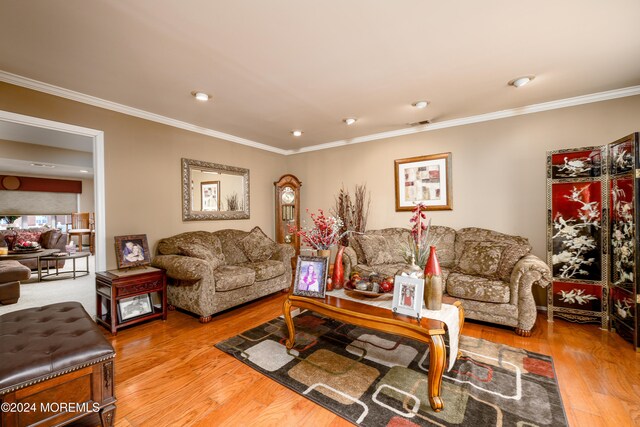 living room with ornamental molding and hardwood / wood-style flooring