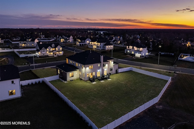 view of aerial view at dusk