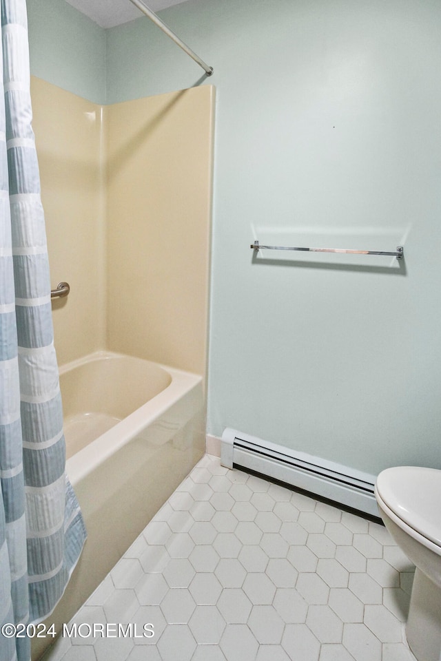 bathroom featuring a baseboard radiator, tile patterned floors, toilet, and shower / bathtub combination with curtain