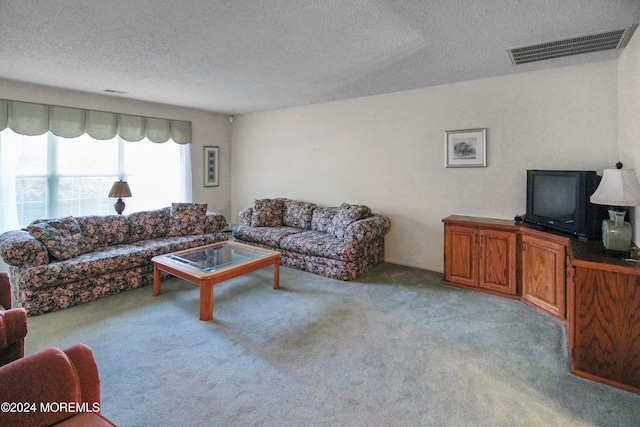 carpeted living room with a textured ceiling