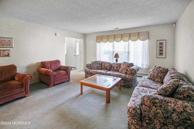 living room with a textured ceiling and light colored carpet