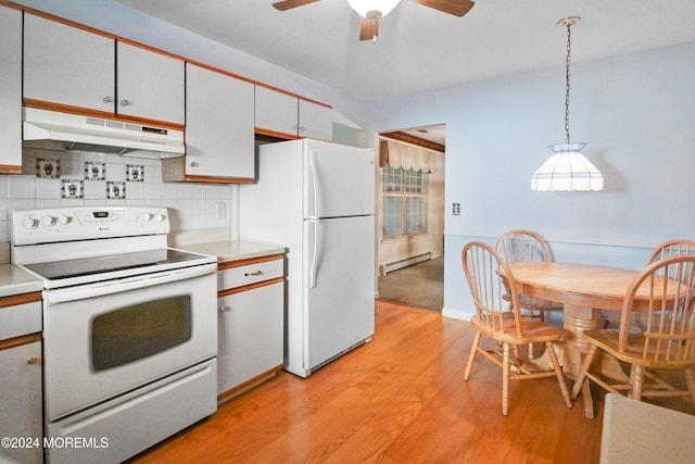 kitchen with light hardwood / wood-style flooring, pendant lighting, a baseboard radiator, white appliances, and tasteful backsplash