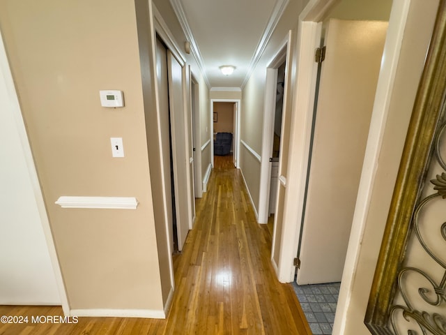 hallway with light hardwood / wood-style floors and crown molding