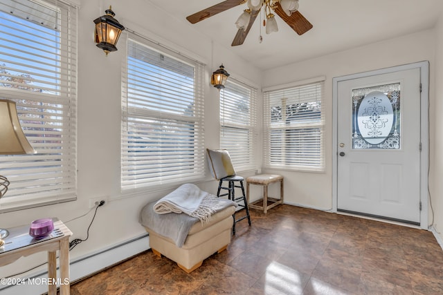 interior space with ceiling fan and baseboard heating