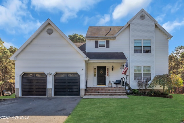 view of front of home featuring a front yard, a garage, and covered porch