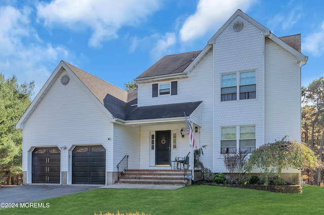 view of front facade with a front yard and a garage