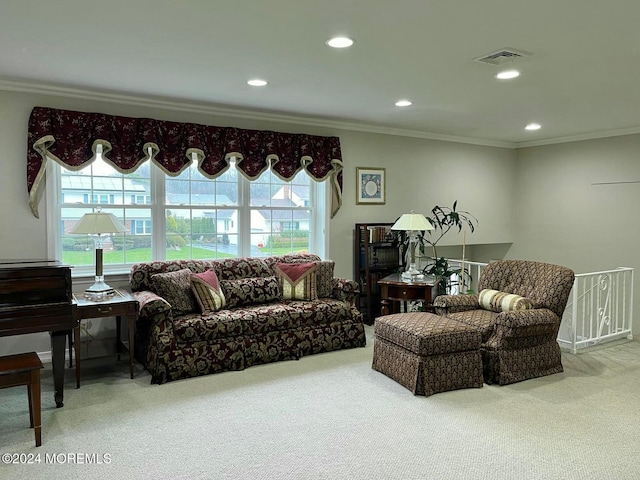 living room featuring carpet and ornamental molding