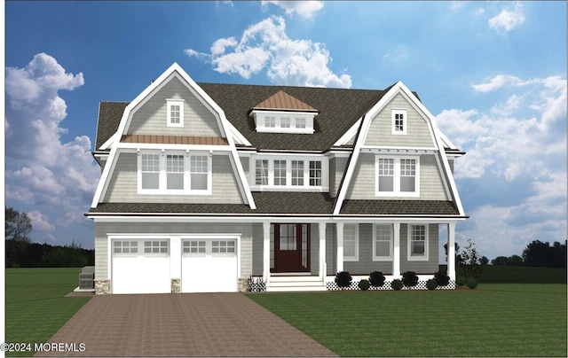 view of front of home featuring covered porch, a front yard, and a garage