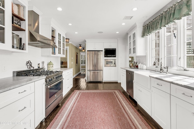 kitchen featuring wall chimney exhaust hood, white cabinets, stainless steel appliances, and dark hardwood / wood-style floors