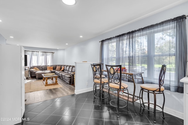 dining room featuring plenty of natural light and dark hardwood / wood-style flooring