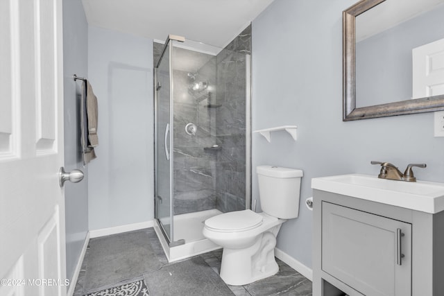 bathroom with vanity, walk in shower, toilet, and tile patterned flooring