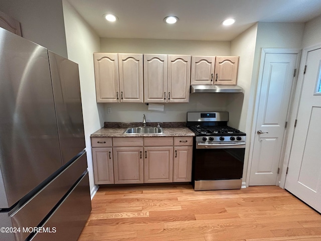 kitchen with stainless steel appliances, sink, and light wood-type flooring