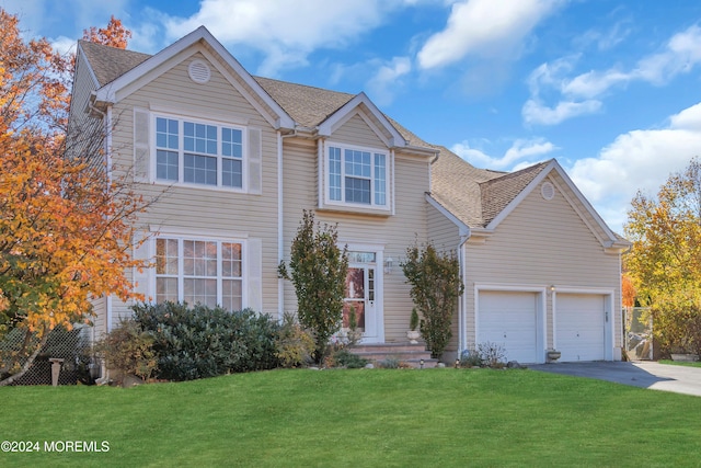 view of front of property with a garage and a front lawn