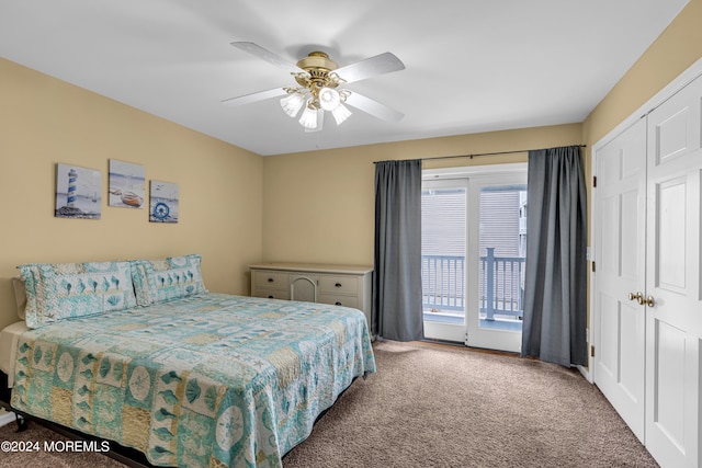 bedroom featuring a closet, ceiling fan, carpet flooring, and access to exterior