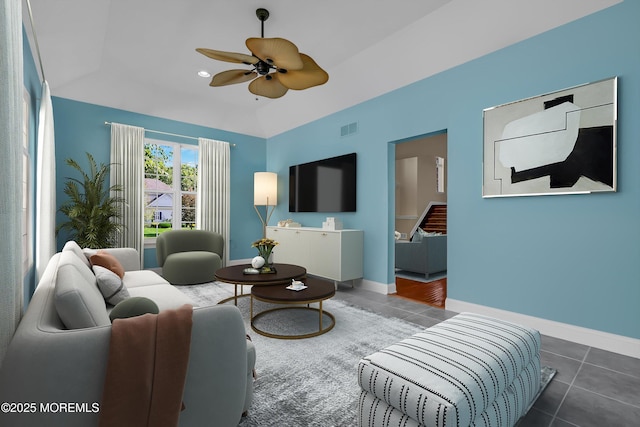 tiled living area with lofted ceiling, ceiling fan, recessed lighting, visible vents, and baseboards