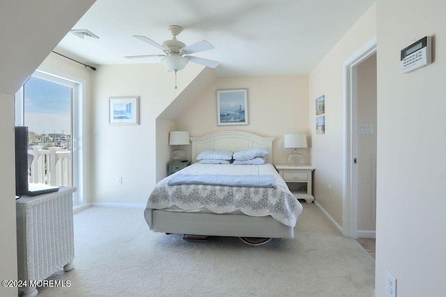 bedroom featuring access to outside, baseboards, visible vents, and light carpet