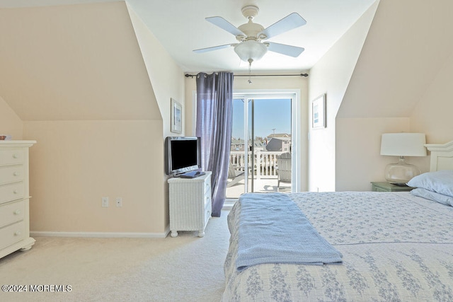 bedroom featuring light carpet, access to outside, vaulted ceiling, and ceiling fan