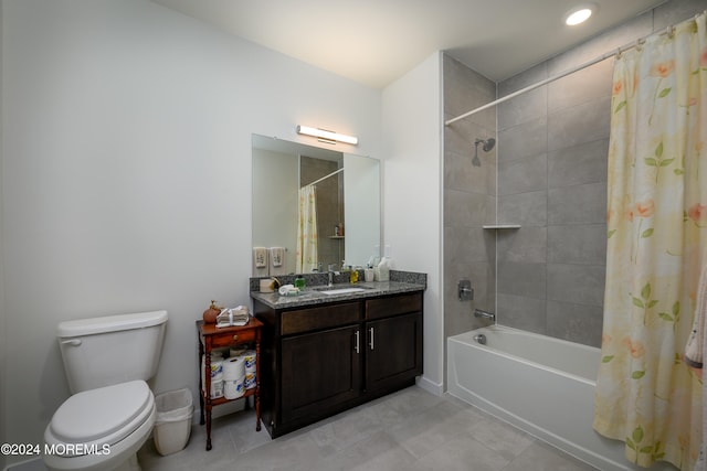 full bathroom with vanity, toilet, tile patterned floors, and shower / bathtub combination with curtain