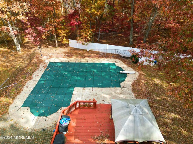 view of swimming pool featuring a diving board