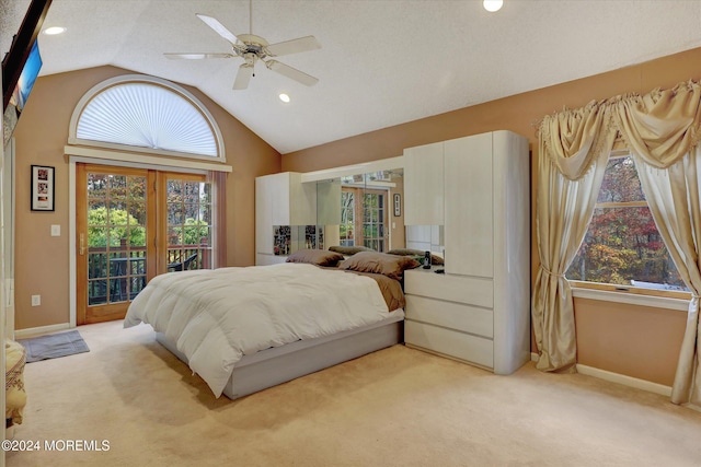 bedroom featuring access to exterior, light colored carpet, ceiling fan, and lofted ceiling