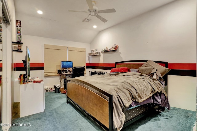 bedroom with carpet flooring, ceiling fan, and vaulted ceiling