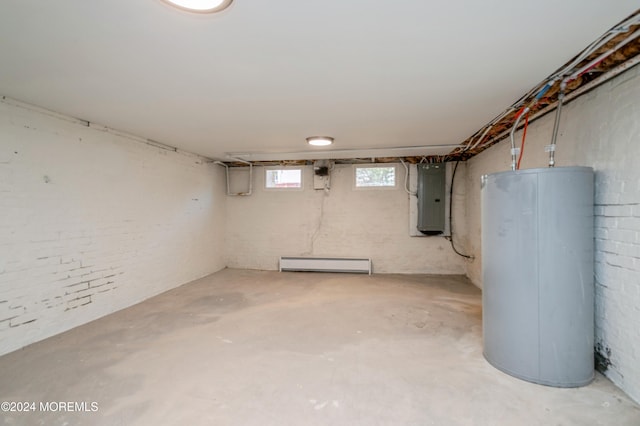 basement with a baseboard heating unit, electric panel, and water heater