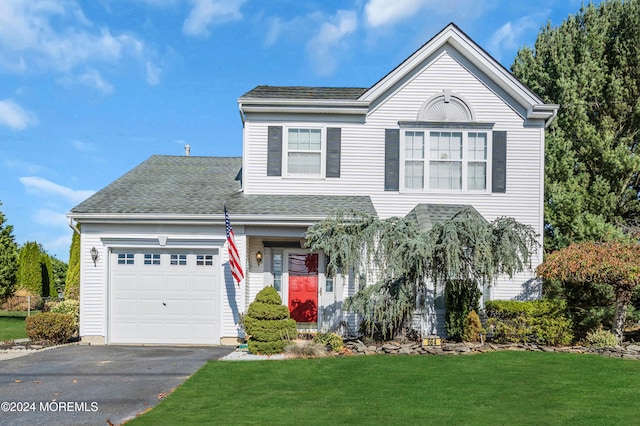 front facade with a garage and a front lawn