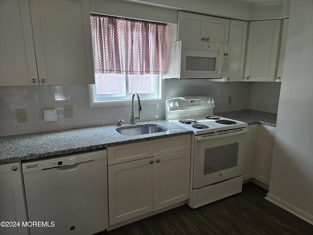 813 Beechmont St, Toms River, NJ 08757 - kitchen featuring white appliances, a sink, dark wood-style flooring, white cabinetry, and tasteful backsplash