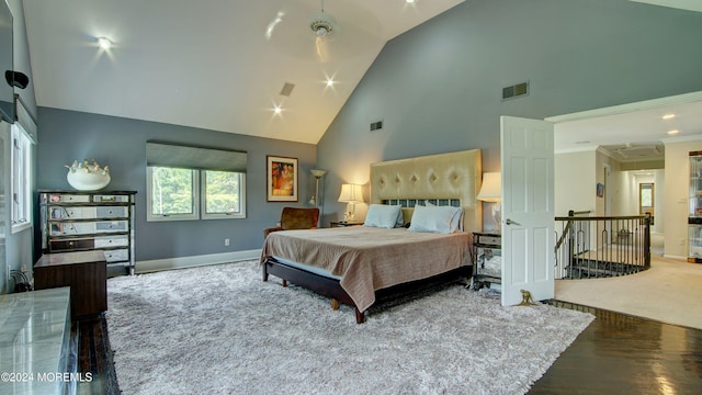 bedroom with high vaulted ceiling, ceiling fan, dark wood-type flooring, and billiards