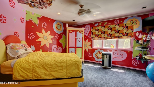 carpeted bedroom featuring ceiling fan