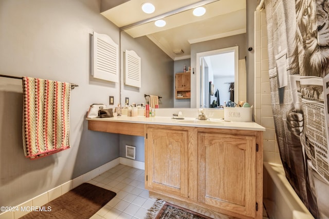 bathroom featuring tile patterned flooring, vanity, crown molding, and shower / tub combo