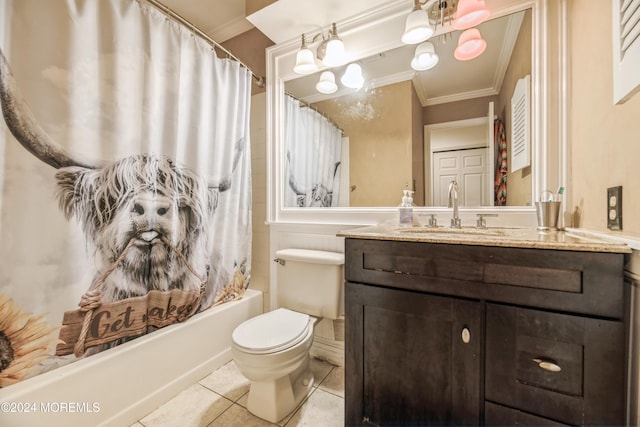 full bathroom with tile patterned floors, crown molding, vanity, shower / bath combo, and toilet