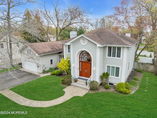 view of front of property featuring a front lawn and a garage