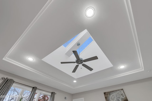 details featuring ceiling fan and a raised ceiling